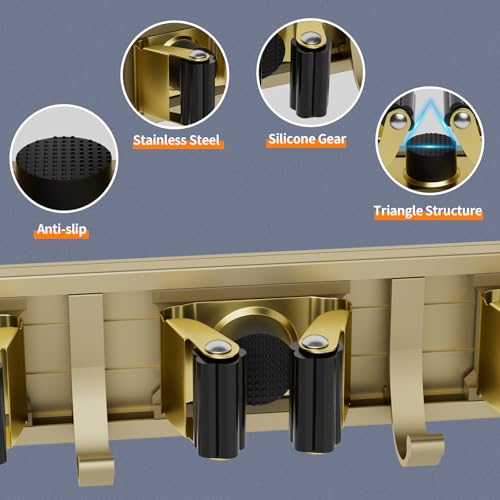 Broom Holder Wall Mount Mop Hanger Tools organizer 5Racks 4Hooks (Bronze)