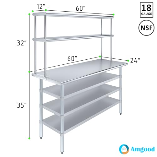 24" x 60" Stainless Steel Work Table with 3 Shelves and 12" Wide Double Tier Overshelf (24" x 60" Table with 3 Shelves + 12" Overshelf)