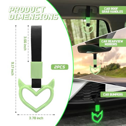 2 Pcs Devil Heart Shaped Car Handle Strap (Luminous Green)