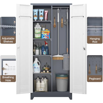 72'' Metal Utility Storage Cabinet with Pegboard & Tool Hanging Bars (Gray&white / 72.8"H Broom Cabinet)