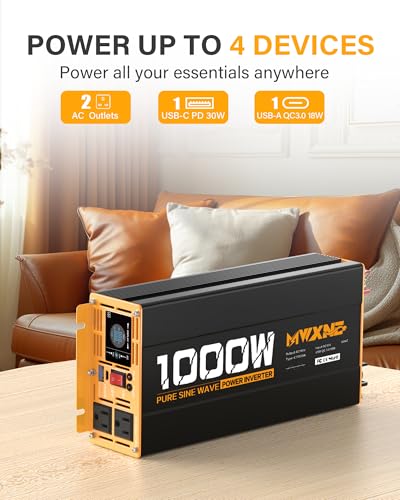 1000W Pure Sine Wave Power Inverter 12V DC to 110V 120V AC Converter with 2 AC Outlets (1000w-12v)