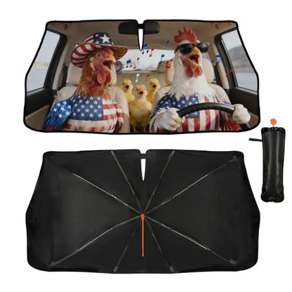 Rooster American Flag Chicken Car Windshield Sunshade Umbrella Car Foldable Umbrella Sunshade for Front Window UV Reflector Auto Windshield Umbrella Sun Shades Cover for Most Vehicles 57'' X 30 (57'' X 30'' / JSDK-58A)