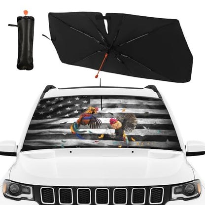 Rooster Windshield Sun Shade Car Sun Shade Amiercan Flag Windshield Umbrella Foldable Front Car Umbrella Funny Chicken Sun Shade Cover Sun Visor Protector Sunshade Car Accessories 57"x30" (NewStyle-Rooster / Expanded: 147 × 75 cm, Folded: 33 × 11 cm)