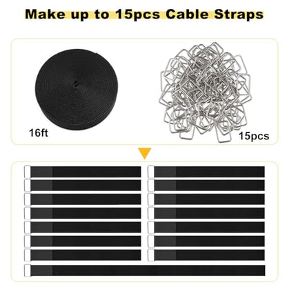 1.5"x16ft Hook and Loop Straps with 15 Metal Buckles (1.5in x 16ft Black)