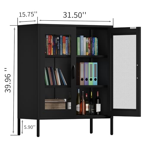 Metal Storage Cabinet with Mesh Doors and Shelves (Black-mesh / 40''H)