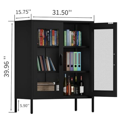 Metal Storage Cabinet with Mesh Doors and Shelves (Black-mesh / 40''H)