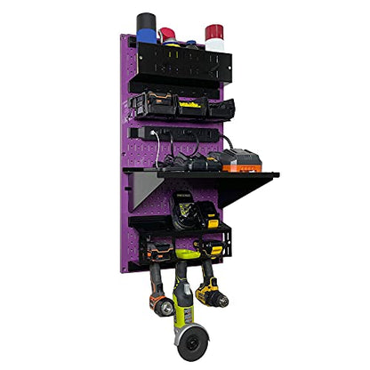 Power Tool Storage Organizer Kit Cordless Drill Holder Charging Station Rack 16” x 32” Metal Pegboard Organization System (Purple Pegboard)