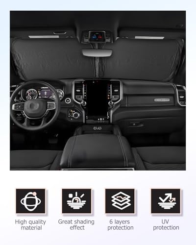 2025 2026 RAM 1500 Windshield Sun Shade Windshield Sunshade for RAM 1500 2500 3500 2019 2020 2021 2022 2023 2024 2025 2026 Accessories Protect Sun Rays & Heat Damage Keeps Cool (2019-2026 RAM 1500 2500 3500)