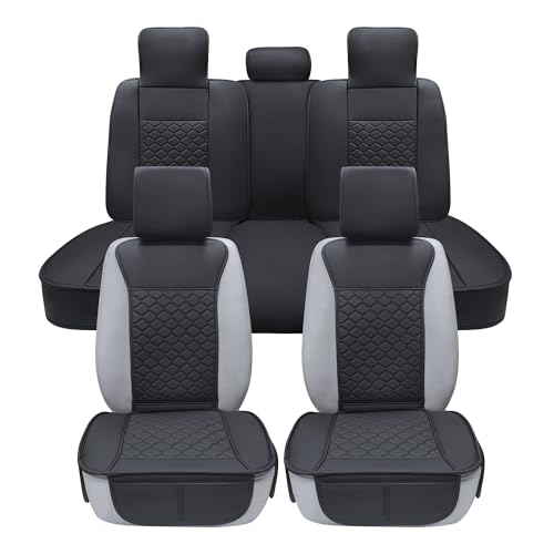 Car Seat Cover Full Set Leather Waterproof Front Rear Black (Black)