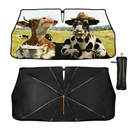 Funny Cow Driving Car Sunshade Umbrella Fun Cow Drink Milk Windshield Sun Shade for Car Retractable Umbrella Sunshades for Front Window Sun Shades Cover Visor Portector Block UV Rays (One Size / Style21)