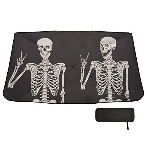 Skull Windshield Sun Shade Umbrella Fun Human Skeleton Black Foldable Car Front Window Sunshade Blocks UV Rays Heat Keep Vehicle Cool (multi 15)