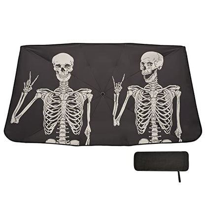 Skull Windshield Sun Shade Umbrella Fun Human Skeleton Black Foldable Car Front Window Sunshade Blocks UV Rays Heat Keep Vehicle Cool (multi 15)