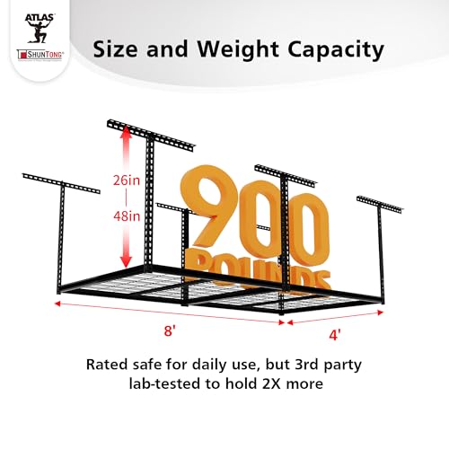 The Atlas 4 x 8 ft Adjustable Height Overhead Garage Storage Rack 900 lbs Heavy Duty Capacity Hammertone Finish (900lbs - Hammertone)