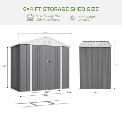 6x4 FT Outdoor Storage Shed with Floor Frame (Gray / 6x4 FT)