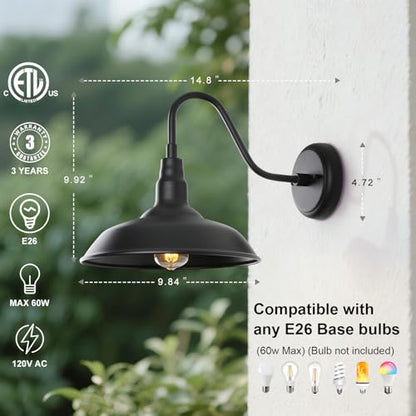 Black Gooseneck Barn Light for Farmhouse 10 Inch Dome Exterior Lights Fixture with Wall Mount (Matte Black / 10" Dome)