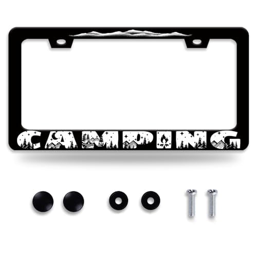 Camping License Plate Frame Mountains License Plate Holder Forest for Car Decorative Parts Stainless Stee License Plate for Standard Us Canada Funny License Plate Frames 12x6 Inch (Camping)