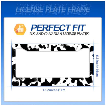 Black White Cows Texture License Plate Frame Animal Cowhide Print License Plate Stainless Steel Funny License Plate Holder Accessories Car Decoration with Screws Fits Standard Vehicles Size12.3 x6.3 (Black White Cowhide Print)
