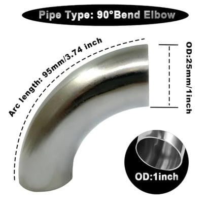 OD 1 Inch 90 Degree Stainless Steel Bend Tube 1” Exhaust Elbow Pipe for Car Modified Exhaust System 1" Piping Silver Tone (1”)