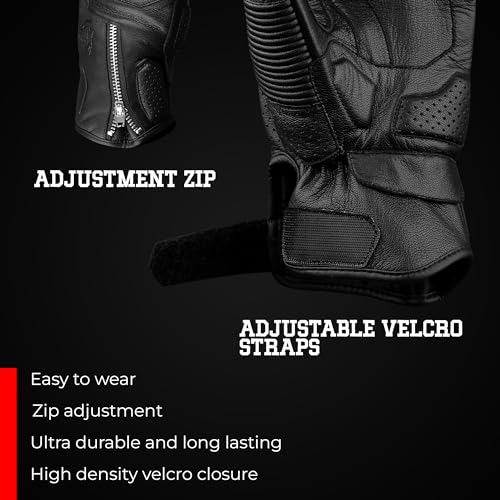 Leather Motorcycle Motorbike Knuckle Protection Powersports Gloves (Black/Zip / Large)