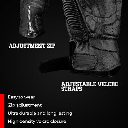 Leather Motorcycle Motorbike Knuckle Protection Powersports Gloves (Black/Zip / Large)