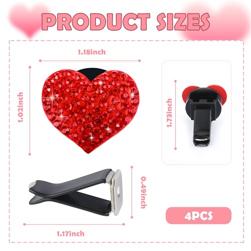 4PCS Heart Shaped Car Vent Clips with Rhinestone (Red)