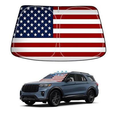 American Flag Car Windshield Sun Shade Compatible with Ford Explorer 2020 (for Ford Explorer 2020 - 2024 - USA Flag)