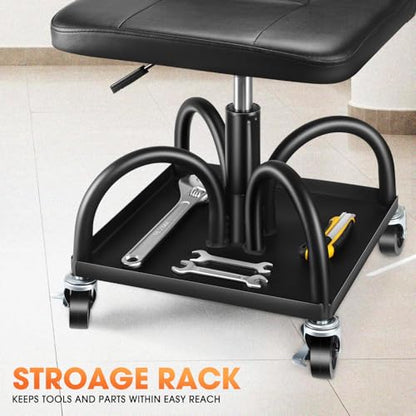 Rolling Padded Seat Adjustable Height Seat 330lbs Capacity Rolling Mechanic Creeper Stool (Square Tray Black)