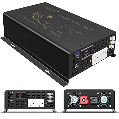 2500W Pure Sine Wave Power Inverter 24VDC to 120VAC 60HZ Dual AC Outlets 2× 2.4A USB Port&Hardwire Terminal Off (2500W24V)
