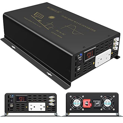 2500W Pure Sine Wave Power Inverter 24VDC to 120VAC 60HZ Dual AC Outlets 2× 2.4A USB Port&Hardwire Terminal Off (2500W24V)