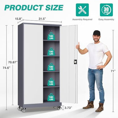 75" Tall Metal Storage Cabinet with Wheels (75"H x 31.5"W x 16"D / Gray White)