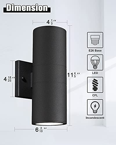 Cylinder Outdoor Wall Sconce Lights (Black 2PK)