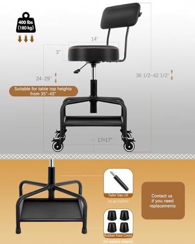 Shop Stool with Lockable Rubber Wheels Adjustable Backrest Tool Tray Storage 400 lb Capacity Rolling Garage Stool (Black)
