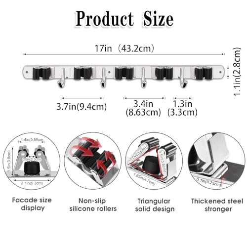Broom Holder Wall Mount (5 Racks & 4 Hooks (Silver) - 1 Pack)