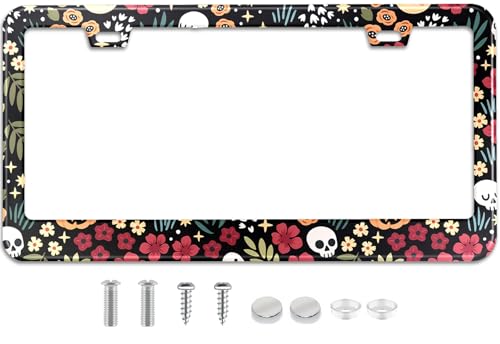 Halloween Ghost Skull Floral License Plate Frame Colorful Flowers Stainless Steel Steel License Plate Holder Auto Parts Decoration with Screws License Plate Holder 12x6 Inch Car Accessories (Halloween Skull Floral)