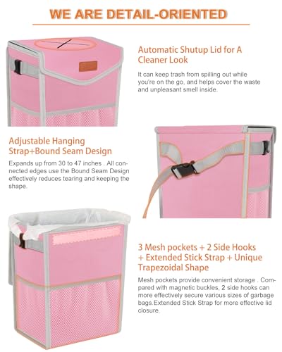 Car Trash Can with Lid Leakproof Car Garbage Bag Vehicle Trash Bin (2 Gallons / Pink)