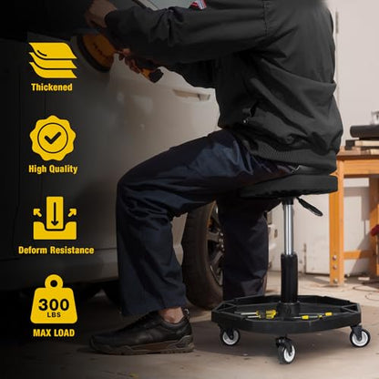 Rolling Garage Seat with Wheels Adjustable Height Pneumatic Mechanic Stool 300Lbs Heavy Duty Shop Creeper Seat with 4 Removable Storage Tool Tray Workshop Chair for Auto Repair (Black)
