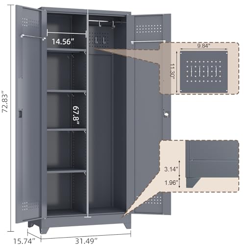 72'' Metal Utility Storage Cabinet with Pegboard & Tool Hanging Bars (Grey / 72.8"H Broom Cabinet)