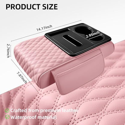 5-in-1 Car Center Console Armrest Cover Pad, Multifunctional Car Arm Rest Organizer with Cup Holder, Tissue Slot & Side Storage Pockets, Soft Leather Auto Armrest Cushion, Pink (Pink)