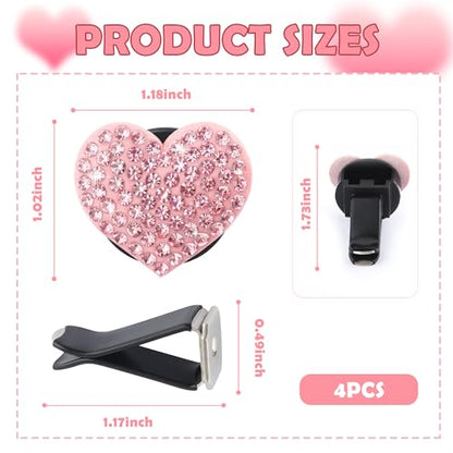 4PCS Heart Shaped Car Vent Clips with Rhinestone (Pink)