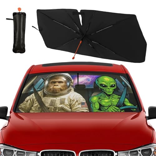 Funny Alien Astronaut Car Windshield Sun Shade Umbrella Bendable Handle Foldable Funny Sunshade for Car Windshield Block UV Rays Keep Vehicle Cool for Most Sedans SUV Trucks Cars 57"x30" (147*75cm,33*11cm / Funny Alien Astronaut)