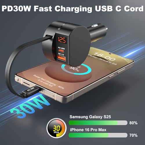 78W 3 Port Car Charger with Retractable USB (Black - 2Pack)