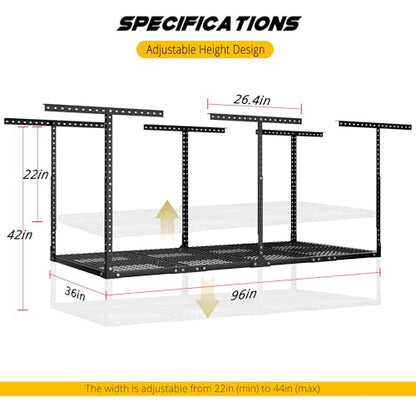 3 x 8FT Overhead Garage Storage Rack (Black / 3x8 FT Without Sidebar)