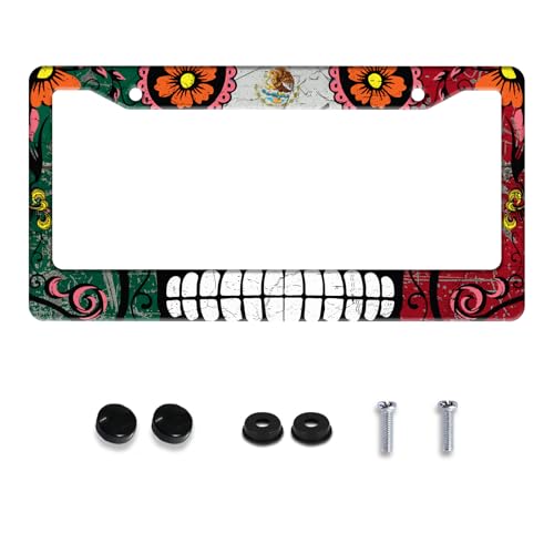 Mexico Flag Skull License Plate Frame Stainless Steel 2 (Mexico Flag Skull)