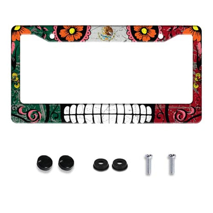 Mexico Flag Skull License Plate Frame Stainless Steel 2 (Mexico Flag Skull)