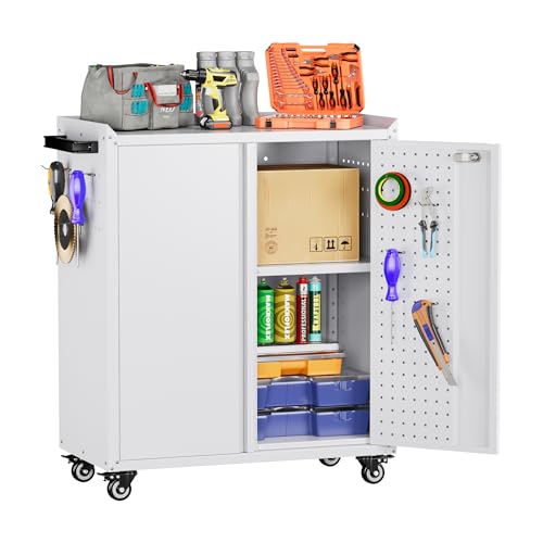 Storage Cabinet with Wheels and Pegboard (White / 14"D x 26"W x 31.5"H)