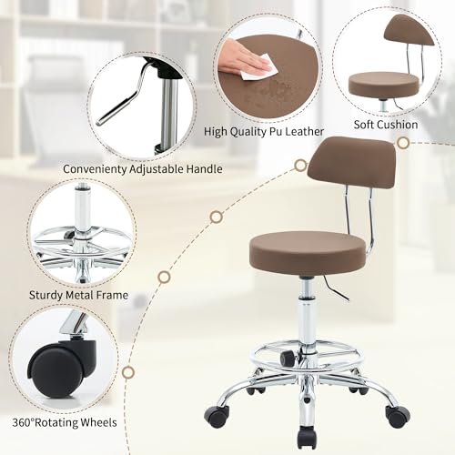 Salon Rolling Chair (Coffee Brown / With Back & Footrest)