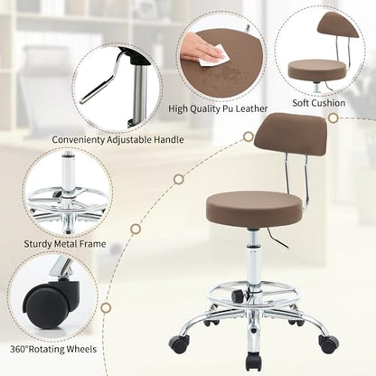 Salon Rolling Chair (Coffee Brown / With Back & Footrest)