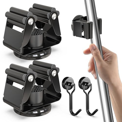 2 Pack Magnetic Broom Holder with 2 Pack Mini Magnetic Hooks (2pc+2pc(42mm-Magnet) / Black)
