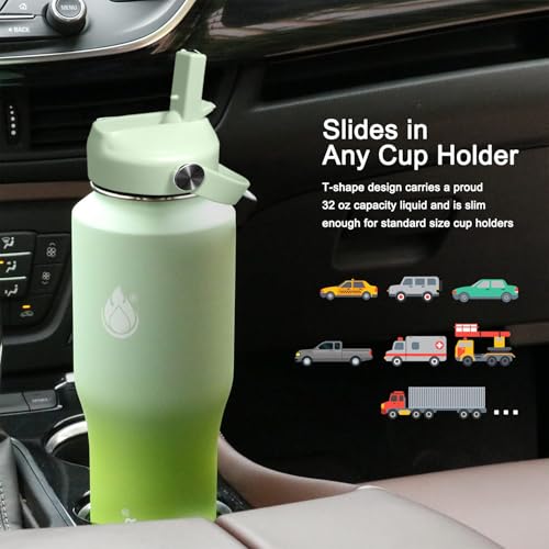 32oz Water Bottle Wide Mouth Stainless Steel Vacuum Insulated Double Wall with 2 Straw Lids Fit in Any Car Cup Holder (Neon / 32 Ounces)