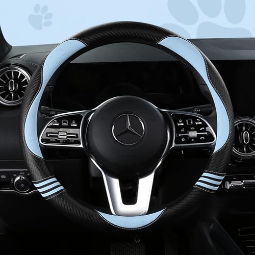 Car Steering Wheel Covers for Women Padded Carbon Fiber PU Leather Cute Auto Interior Accessories for Vehicle (Blue+Black / Standard Size[14.75-15.15"](37.5-38.5cm))